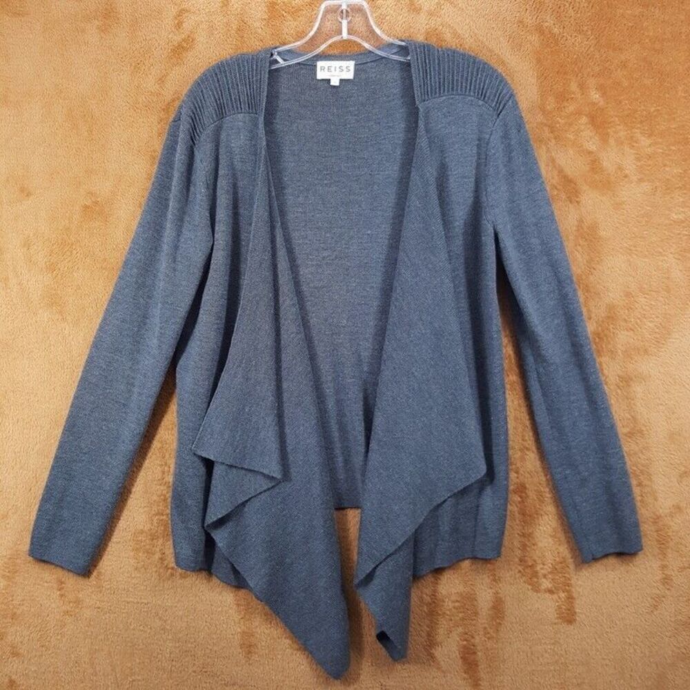 REISS Sweater Womens Medium Gray Open Draped Cardigan Merino Wool Blend